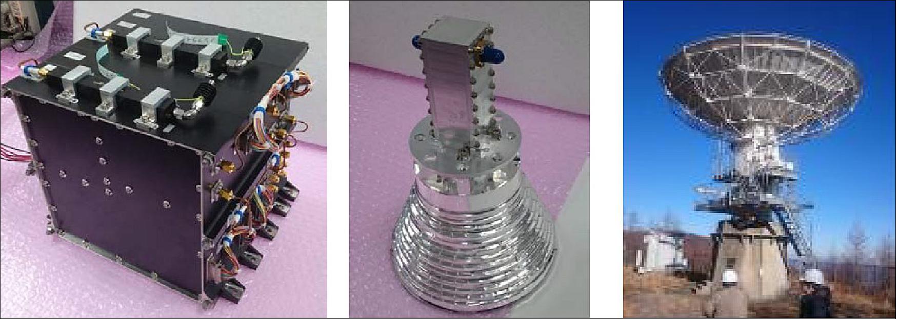 Figure 7: Photos of the communication system. Left : High speed X-band transmitter. Center : Medium Gain Antenna (MGA), Right : 10 m ground station antenna (image credit: Synspective)