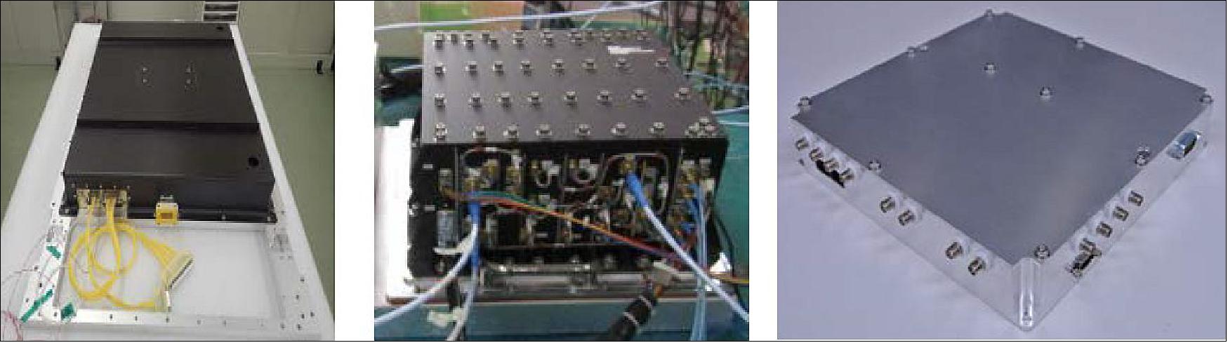 Figure 1: Left: 1kW X-band power amplifier installed on satellite body. Center: SAR Electronics Unit converted from air plane application. Right : 768GB, 2Gbit/s Mission Data Recorder with NAND memory (image credit: Synspective)