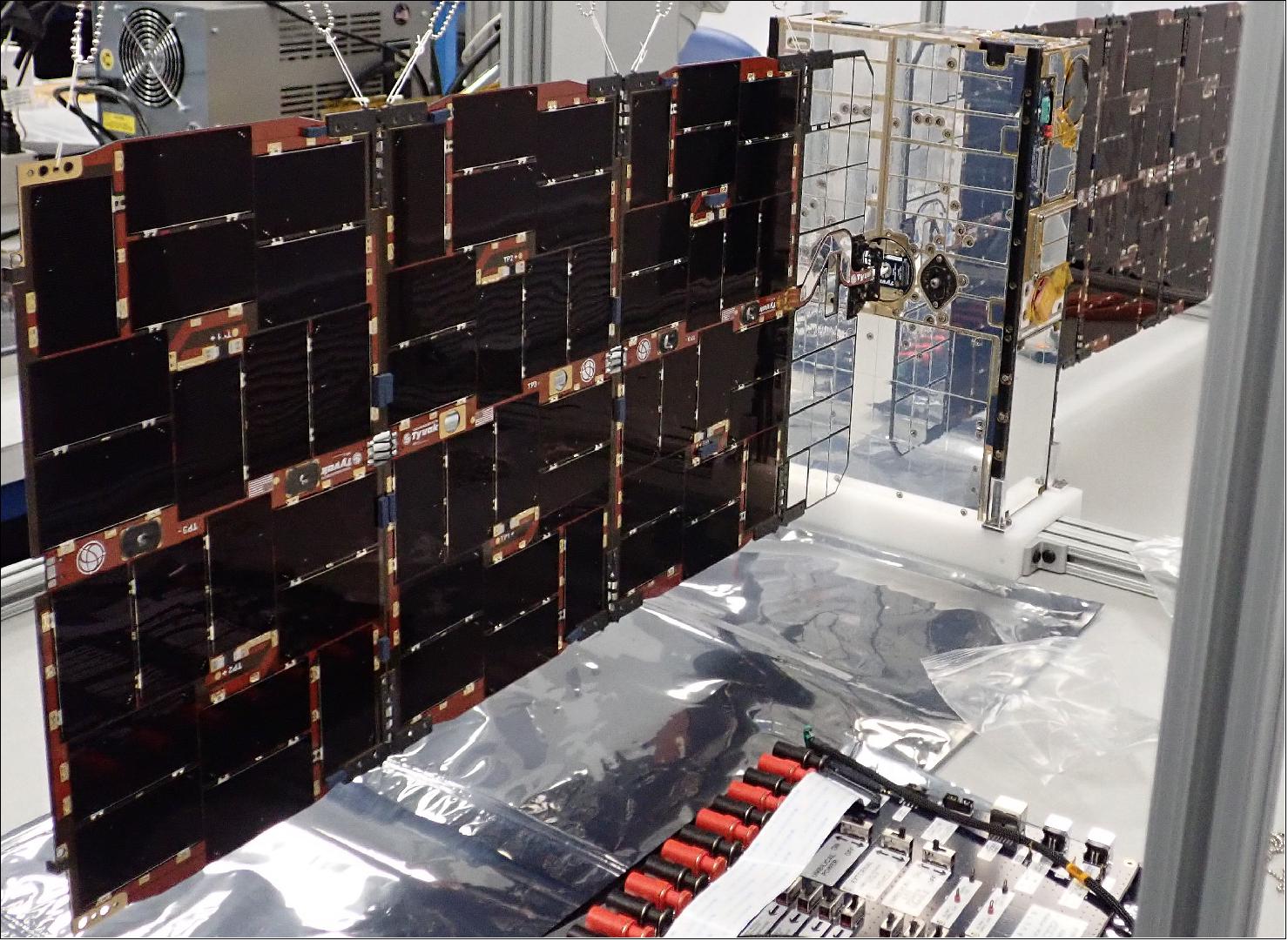 Figure 2: Pathfinder Technology Demonstrator 3 with Solar Arrays Deployed: TeraByte InfraRed Delivery (TBIRD) integrated within the PTD-3 spacecraft. PTD-3’s solar arrays will provide power to TBIRD (image credits: Terran Orbital Corporation)