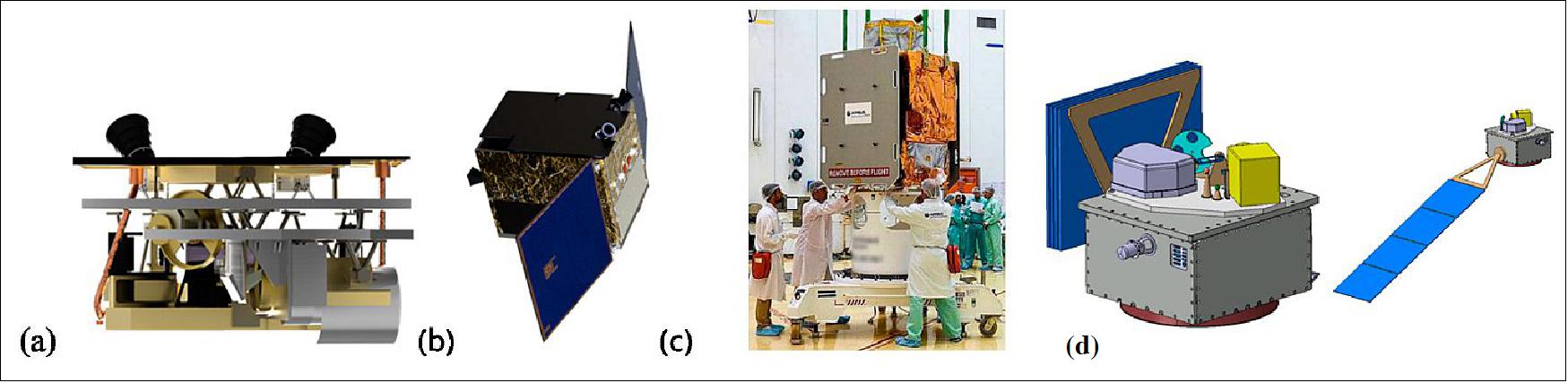 Figure 16: Images of possible platforms and payload integration: (a) payload integrated on SSTL Formosat-7 platform, (b) Formosat-7 candidate platform, (c) PeruSat-1 on Airbus-S (baseline platform for TRUTHS), (d) TRUTHS payload configured on Astrobus-S (image credit: TRUTHS collaborotion)
