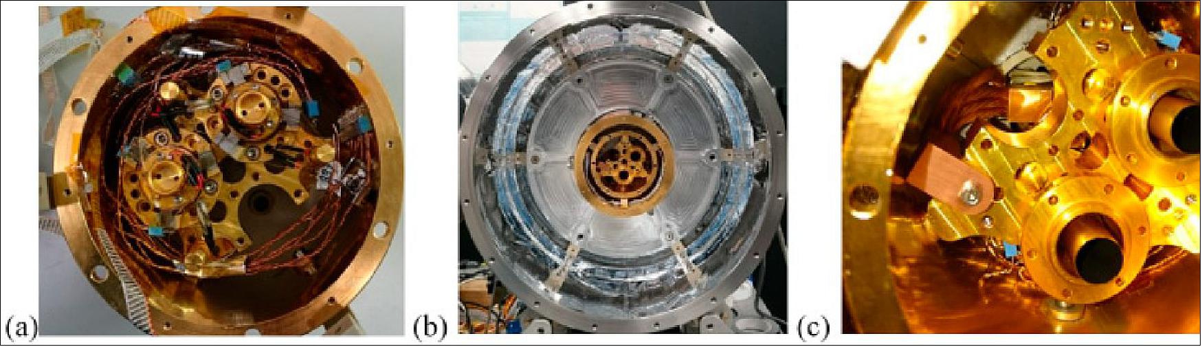 Figure 6: Photographs of the assembly of CSAR_V2 showing, from left to right, (a) two cavities mounted on the temperature reference block, (b) the radiometer head coupled to the high-power Stirling cooler (HPSC) and mounted inside the cryostat and terrestrial vacuum can (c) close up of cavities showing thermal link to the HPSC (image credit: TRUTHS collaboration)