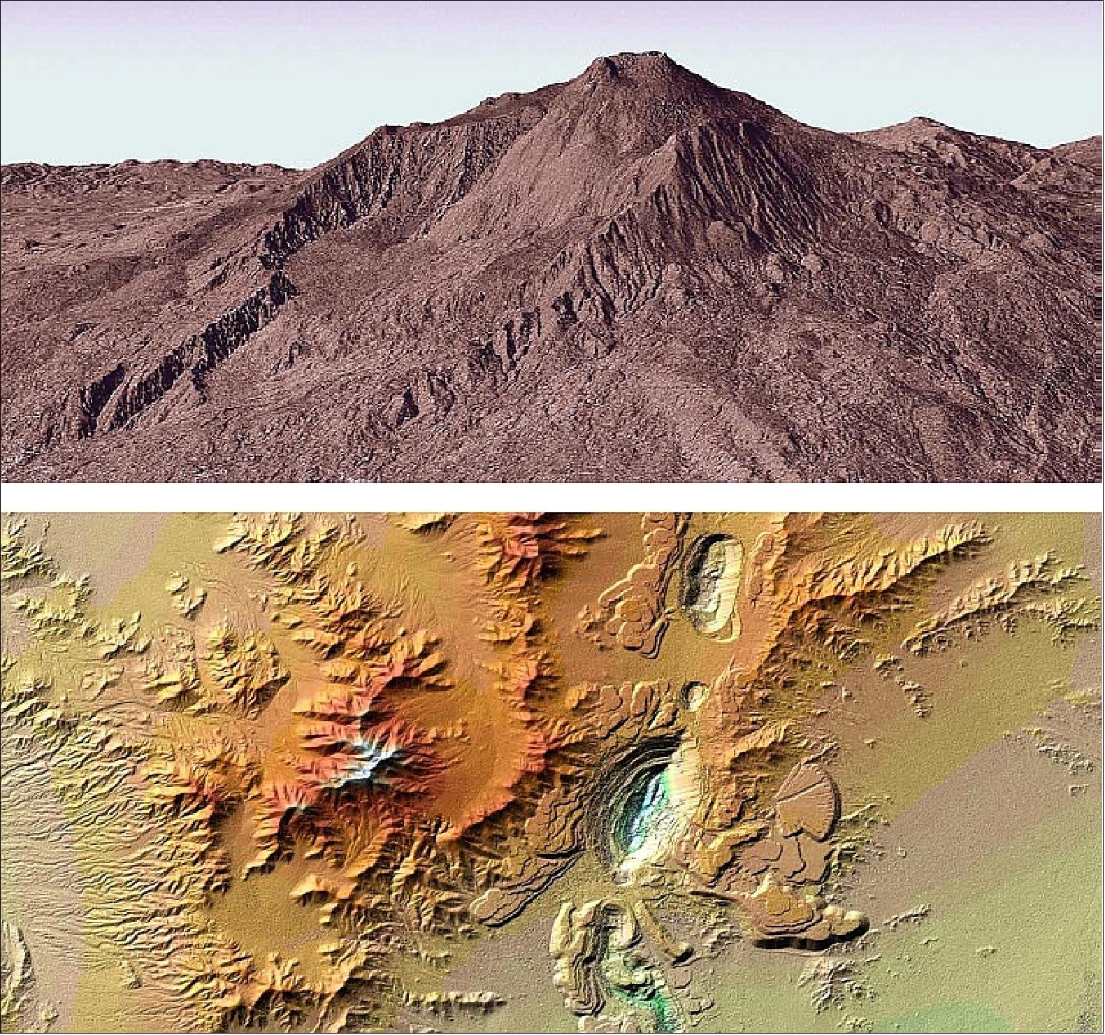 Figure 71: Examples of digital elevation models acquired by TanDEM-X acquired during the commissioning phase. Top: Italian volcano Mount Etna, located on the east coast of Sicily. Bottom: Chuquicamata, the biggest copper mine in the world, located in the north of Chile (image credit: DLR, Ref. 120)