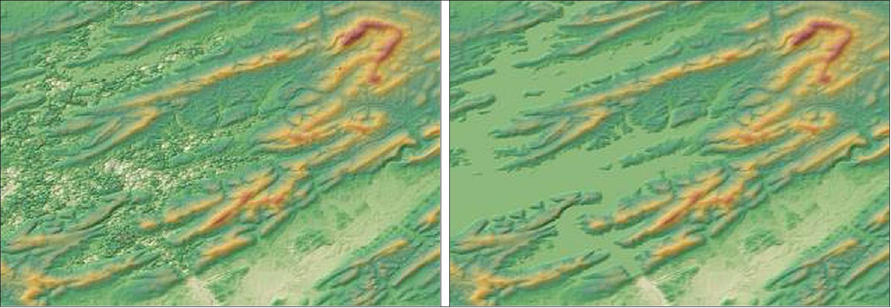 Figure 59: Left: WorldDEMcore (unedited); Right: WorldDEM (edited); Site: Lake Ouachita, Hot Springs, Arkansas, USA (image credit: Airbus DS)
