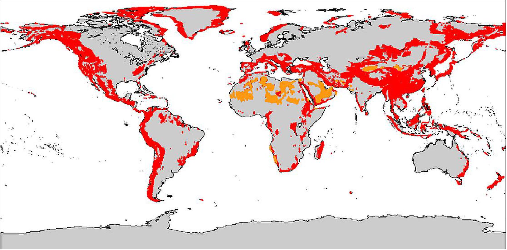 Figure 56: Regions affected by shadow and layover effects (in red) have been identified from terrain slope calculations. Deserts regions (in orange) have been derived from TanDEM-X coherence data of the first and second year acquisitions (image credit: DLR)