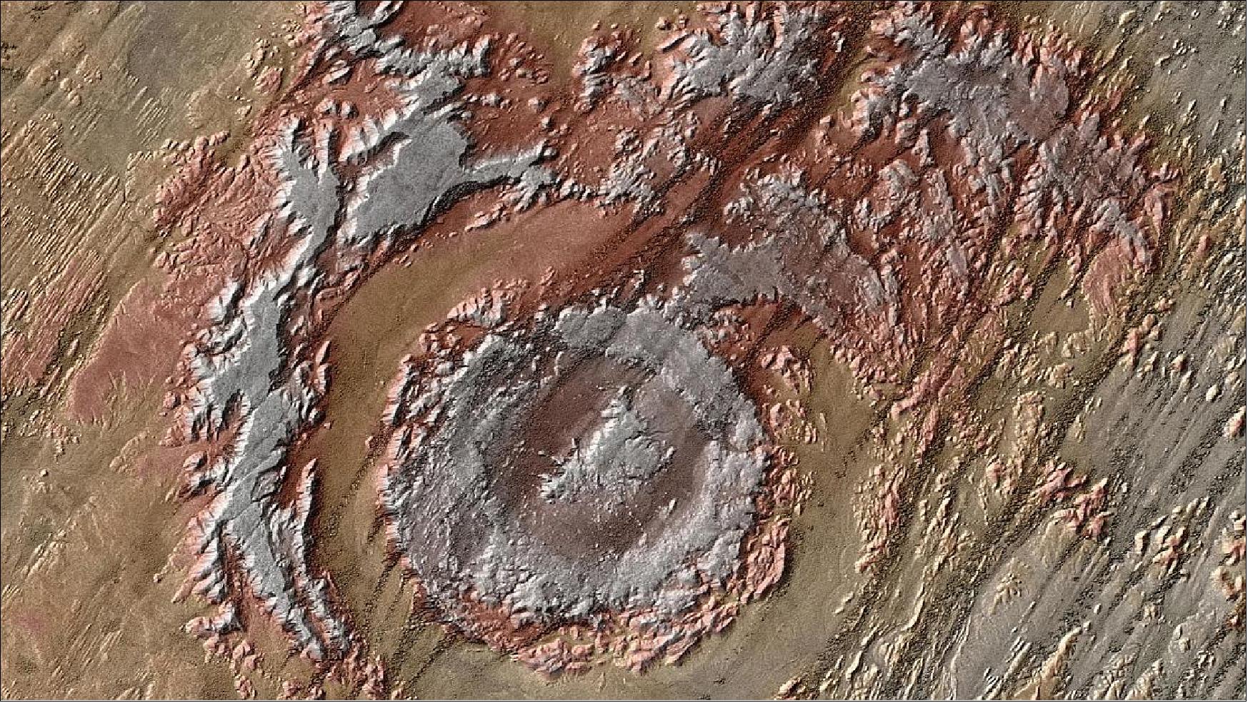Figure 53: This image, acquired by the TanDEM-X satellite, shows the Aorounga impact crater in Chad, North Africa. It is ~345 million years old, thus very heavily weathered. From space, both the inner and outer rings of the crater are visible (about 17 km in diameter), formed as part of a multiple impact event. Strong winds have acted as builders, carving parallel structures into the ground; they consists of wind-resistant rocky proturberances, referred to as yardangs, through which the sand dunes meander, carried by the wind (image credit: DLR)