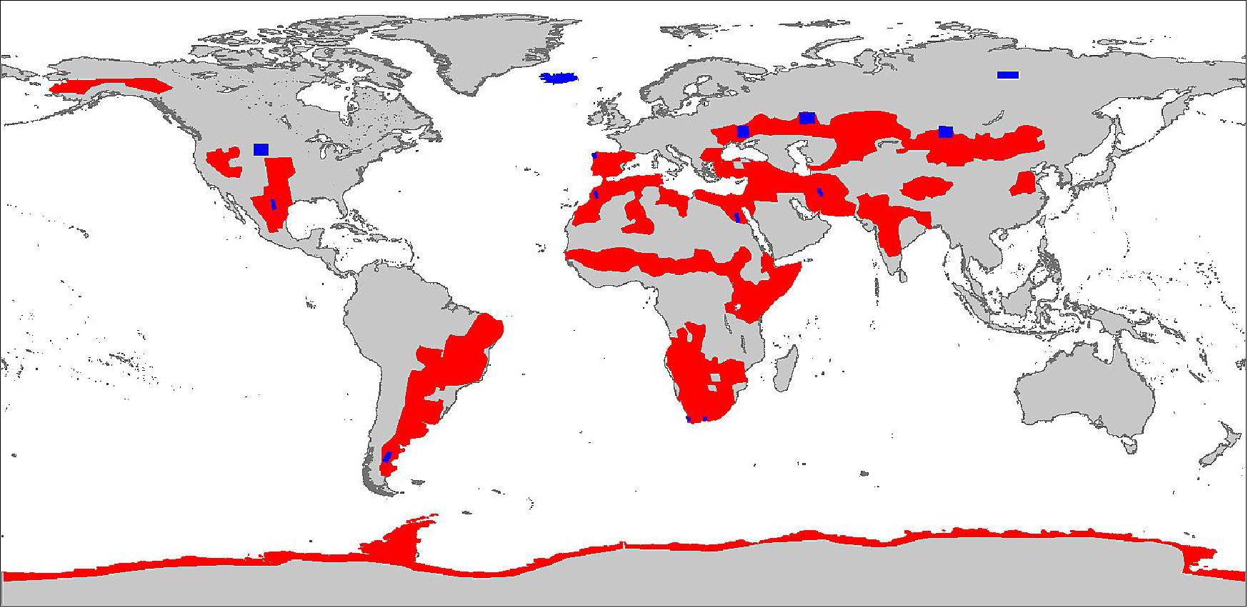 Figure 47: Regions of interest for high resolution acquisitions from 2016. In red the "preparation-areas" which are planned only once, in blue the "demo-areas" which will be acquired three to four times (image credit: DLR)