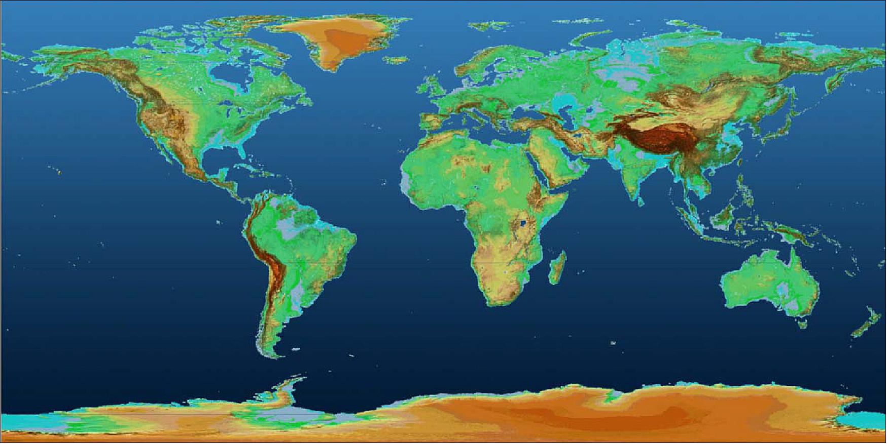 Figure 39: The global TanDEM-X DEM is a consistent data set covering all land surfaces at unprecedented absolute height accuracy of about 1m at a horizontal sampling of 12 m by 12 m. Between 2011 and 2014 at least two acquisitions have been collected by the bistatic TanDEM-X SAR interferometer, mountainous areas have covered up to six times (image credit: DLR)