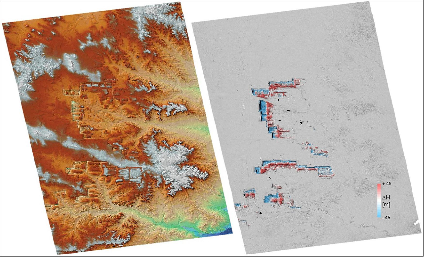 Figure 34: TanDEM-X Raw-DEM of an open pit mining in Wyoming, USA (left) and a three-dimensional change map with 6 m x 6 m resolution from 2016 (right), image credit: DLR