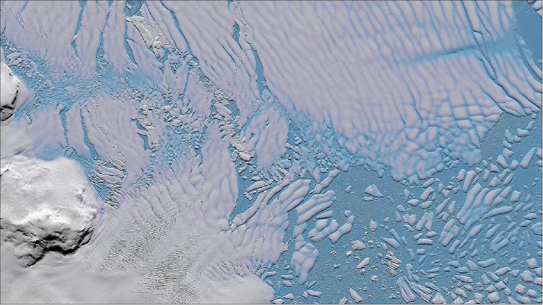 Figure 30: TanDEM-X elevation model -brittle ice shelf of the Thwaites Glacier. For the first time, TanDEM-X elevation models and data from the latest generation of radar satellites enable detailed observation of glacier changes (image credit: DLR, NASA)