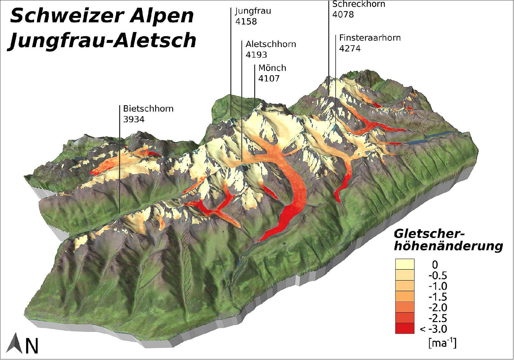 Figure 16: Glacial elevation changes in the Swiss Alps (image credit: Christian Sommer, background imagery of Landsat-8 and SRTM, USGS)