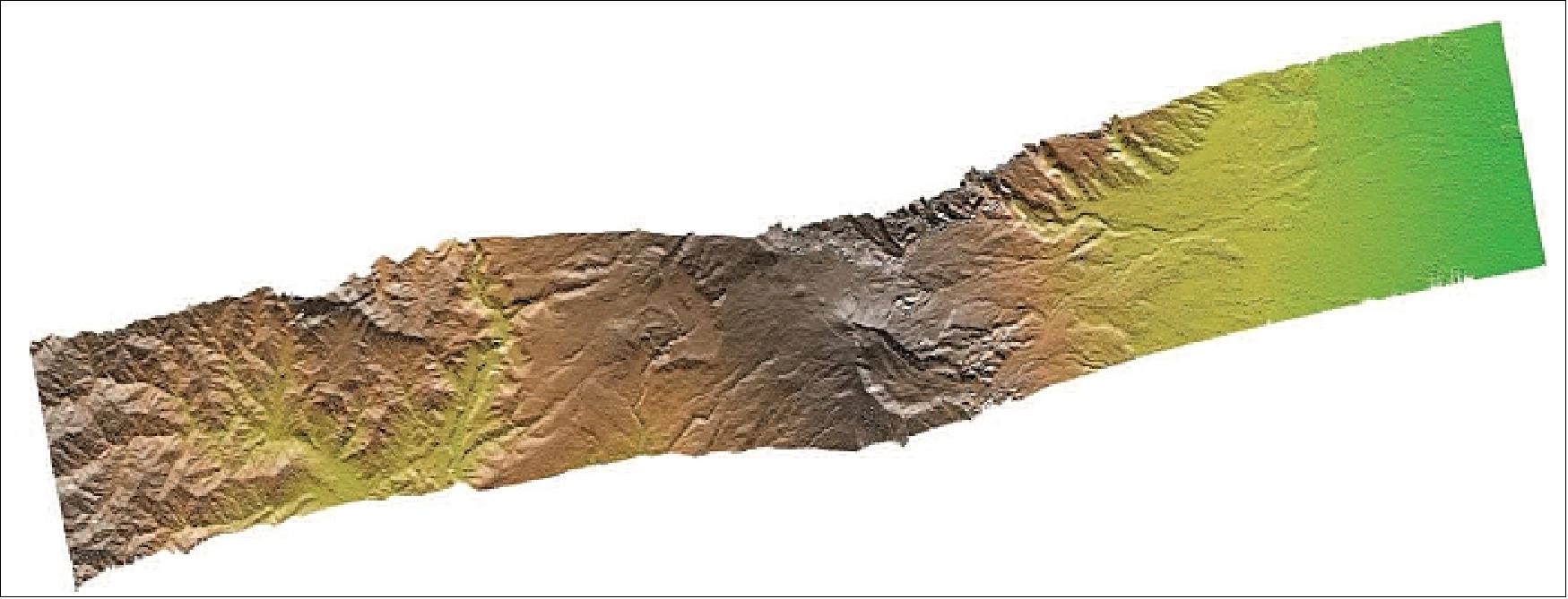 Figure 79: Geocoded (North points rightwards) DEM of the are surrounding Turrialba volcano, the first single-pass bistatic interferometric TanDEM-X acquisition (image credit: DLR)