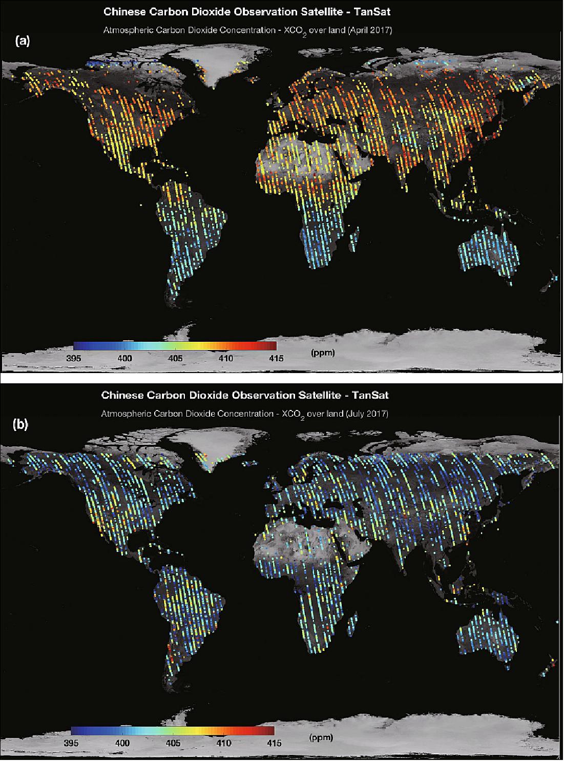 Figure 8: Global XCO2 maps produced from TanSat in nadir mode in (a) April and (b) July 2017. The colored marks indicate the XCO2 values and the color scale bar is shown at the bottom of each figure (image credit: TanSat Team)