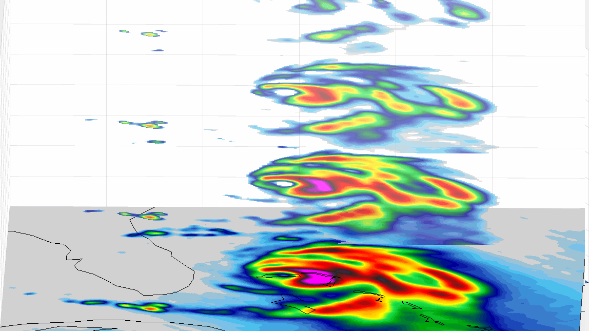 Figure 4: Hurricane Dorian off the coast of Florida, as seen by the small satellite TEMPEST-D at 2 a.m. EDT on Sept. 3, 2019 (11 p.m PDT on Sept. 2, 2019). The layers in the animation reveal slices of the hurricane from four depths, taken at different radio wavelengths. The vertical view of Dorian highlights where the storm is strongest in the atmosphere. The colors in the animation show the heavy rainfall and moisture inside the storm. The least-intense areas of rainfall are shown in green, while the most intense are yellow, red and pink (image credit: NASA/JPL-Caltech)