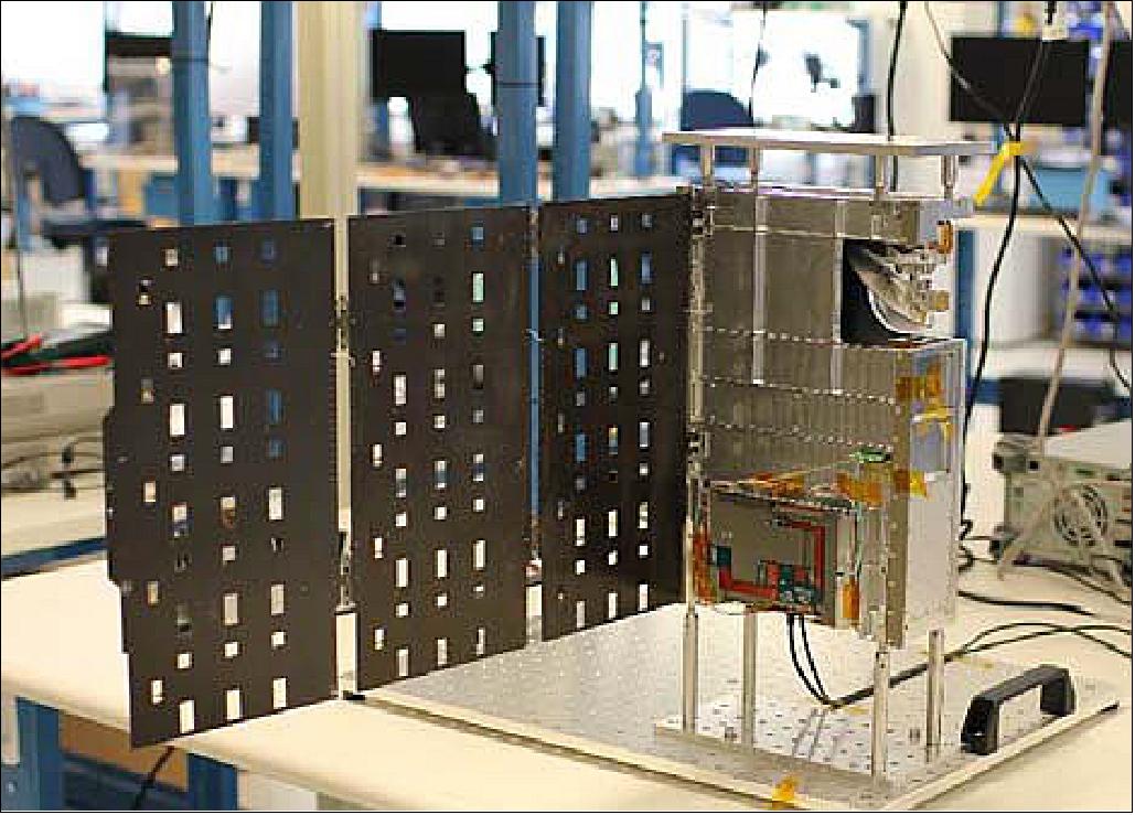 Figure 16: TEMPEST-D flight model radiometer instrument and XB1 spacecraft bus for selfcompatibility testing at BCT (image credit: TEMPEST-D collaboration)
