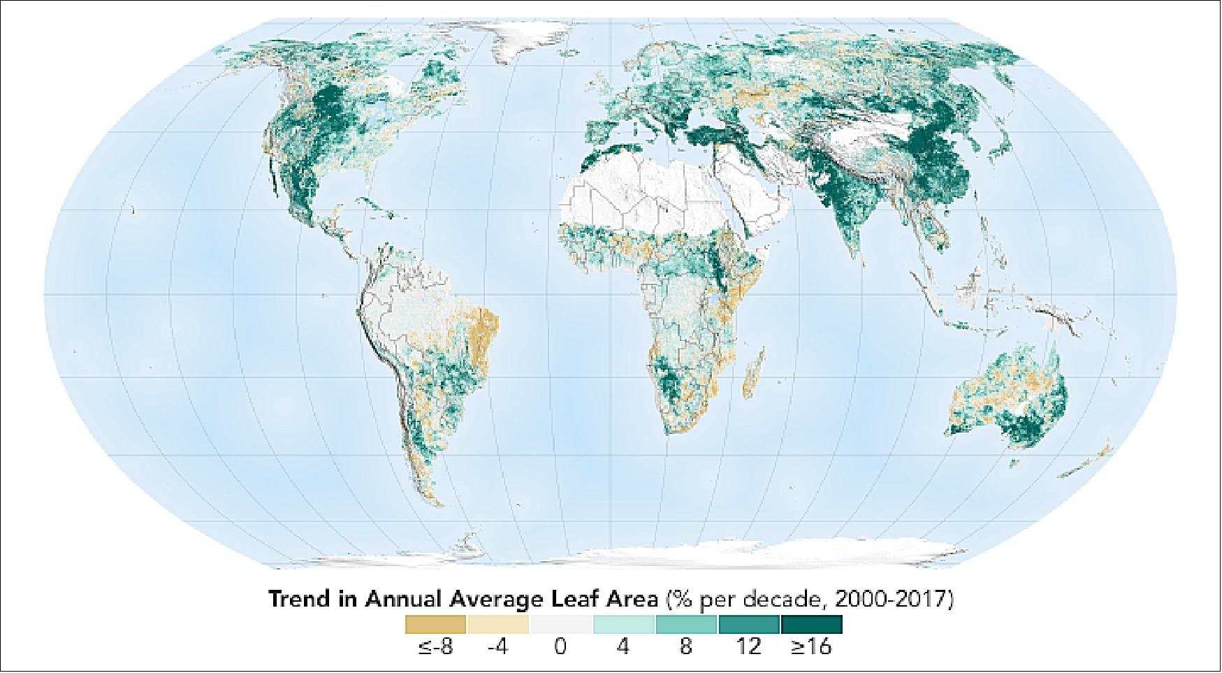 Figure 52: This map shows the increase or decrease in green vegetation—measured in average leaf area per year—in different regions of the world between 2000 and 2017. Note that the maps of Figures 51 and 52 are not measuring the overall greenness, which explains why the Amazon and eastern North America do not stand out, among other forested areas (image credit: NASA Earth Observatory, image by Joshua Stevens, using data courtesy of Chen et al., (2019). Story by Abby Tabor, NASA Ames Research Center, with Mike Carlowicz, Earth Observatory)