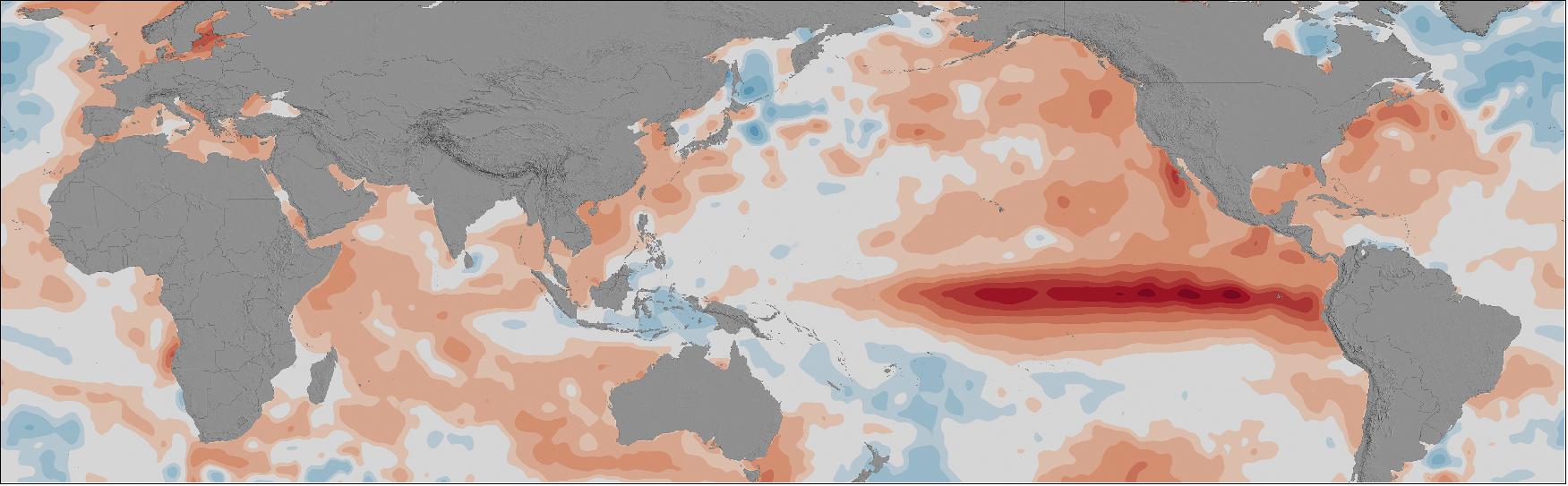 Figure 48: Increased sea surface temperatures in the equatorial Pacific Ocean characterizes an El Niño, which is followed by weather changes throughout the world (image credit: NASA Goddard’s Scientific Visualization Studio)