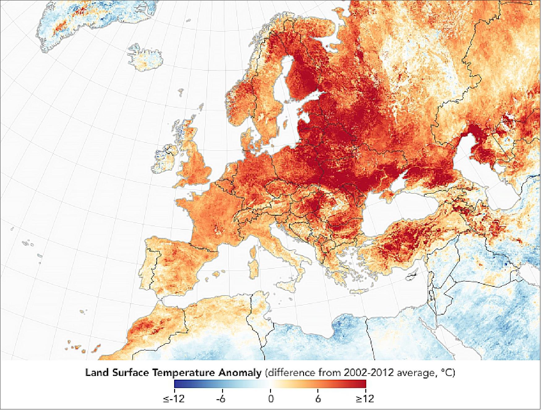 Figure 47: While the UK was experiencing record-breaking warmth, increased temperatures spread across central and eastern Europe—so much that spring barley harvesting may start early. Forecasters say the weather over central Europe will be warmer and drier-than-normal through May (image credit: NASA Earth Observatory, image by Joshua Stevens, using data from the Level 1 and Atmospheres Active Distribution System (LAADS) and Land Atmosphere Near real-time Capability for EOS (LANCE), story by Kasha Patel)
