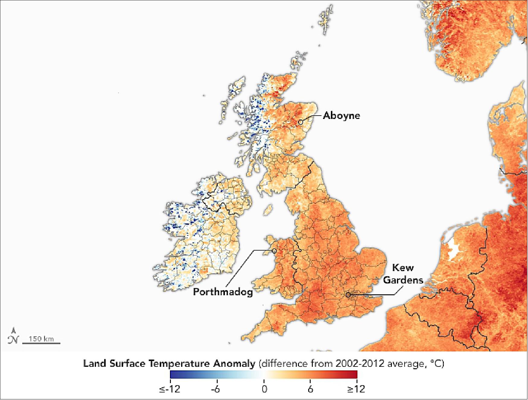 Figure 46: The maps of Figures 46 and 47 show land surface temperature anomalies for February 11-25, 2019. Reds and oranges depict areas that were hotter than average for the same two-week period from 2000-2012; blues were colder than average. White pixels were normal, and gray pixels did not have enough data, most likely due to excessive cloud cover. This temperature anomaly map is based on data from the Moderate Resolution Imaging Spectroradiometer (MODIS) on NASA’s Terra satellite (image credit: NASA Earth Observatory, image by Joshua Stevens, using data from the Level 1 and Atmospheres Active Distribution System (LAADS) and Land Atmosphere Near real-time Capability for EOS (LANCE), story by Kasha Patel)