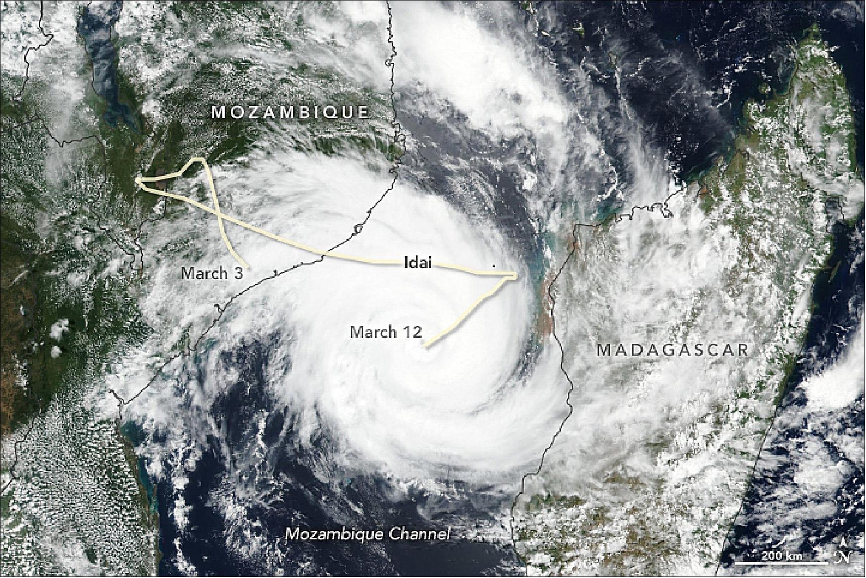 Figure 45: MODIS on on NASA’s Terra satellite acquired this image of the cyclone on March 12, 2019, as it spun across the Mozambique Channel. Around this time, the potent storm carried maximum sustained winds of about 90 knots (105 miles/165 kilometers per hour)—equivalent to a category 2 storm on the Saffir-Simpson wind scale (image credit: NASA Earth Observatory, image by Lauren Dauphin, using MODIS data from NASA EOSDIS/LANCE and GIBS/Worldview. Story by Kathryn Hansen)