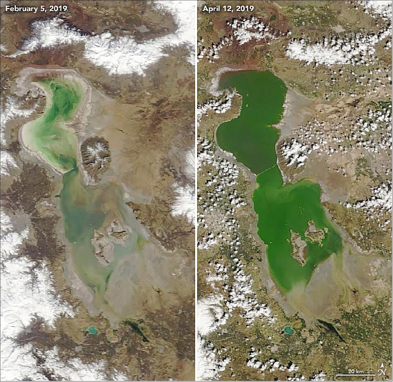 Figure 39: These images, acquired by Terra MODIS, show Lake Urmia (also Orumiyeh or Orumieh) on 5 February, 2019, and 12 April 12 2019, before and after the recent floods in the region. The rains were reported to be the heaviest Iran has seen in 50 years. After the spring rains, the depth of the lake increased by 62 cm (24 inches) compared to the spring of 2018 (image credit: NASA Earth Observatory, images by Lauren Dauphin, using MODIS data from NASA EOSDIS/LANCE and GIBS/Worldview. Story by Kasha Patel)