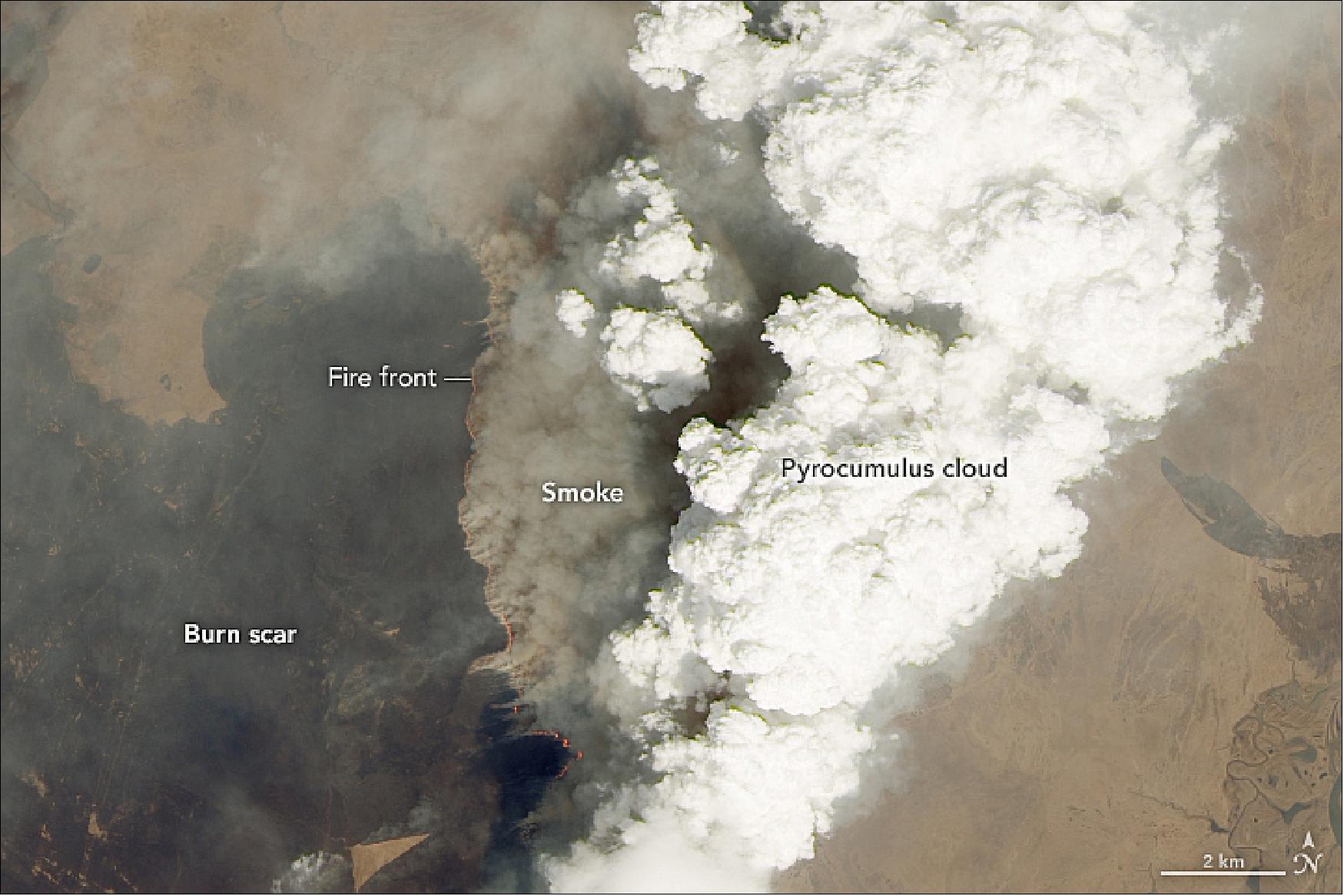 Figure 37: The fire near Naykhin on 30 April 2019 caught the attention of atmospheric scientists for producing what was likely the first pyrocumulus of the year in the Northern Hemisphere. Pyrocumulus clouds—sometimes called “fire clouds”—are tall, cauliflower-shaped, and appear as opaque white patches bubbling up from darker smoke in satellite images. Fires that produce pyrocumulus clouds tend to spread smoke much higher and farther than those that do not (image credit: NASA Earth Observatory image by Lauren Dauphin, using MODIS data from NASA EOSDIS/LANCE and GIBS/Worldview and using Landsat data from the U.S. Geological Survey. Story by Adam Voiland)