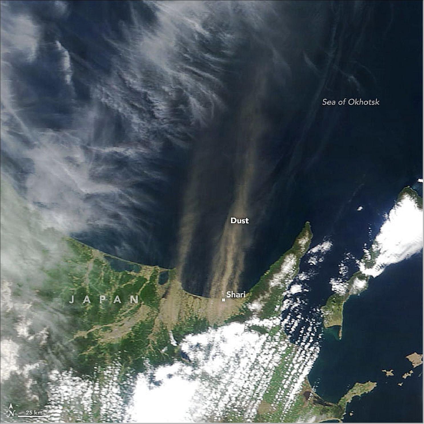Figure 35: Unusually dry weather in April and May 2019 likely dried out the land surface and made it easier for strong southerly winds to lift so much dust. In the nearby town of Betsukai, the Japan Meteorological Agency recorded wind gusts as fast as 60 km/hr on May 20, noted Teppei Yasunari, an atmospheric scientist with Hokkaido University’s Arctic Research Center. Dust storms typically can occur if winds exceed 40 km/hr (image credit: NASA Earth Observatory, image by Adam Voiland, using MODIS data from NASA EOSDIS/LANCE and GIBS/Worldview. Caption by Adam Voiland)