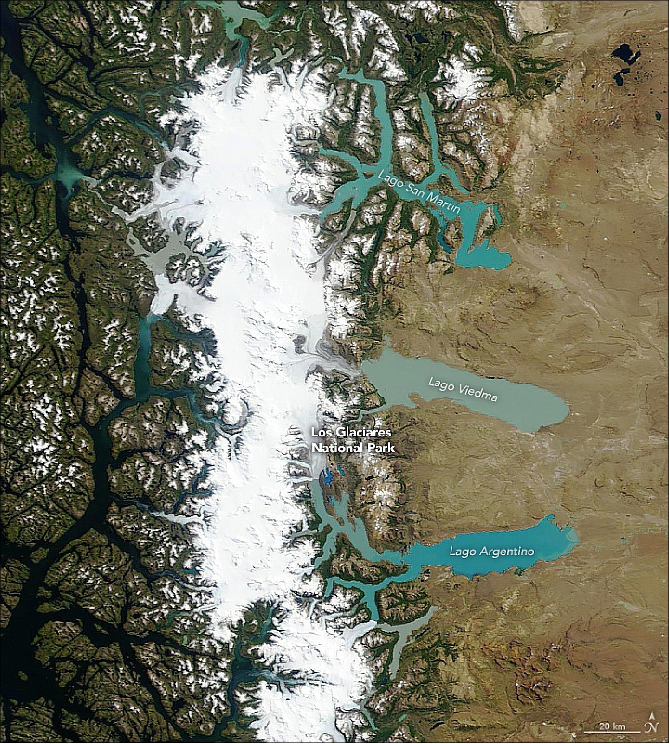 Figure 31: MODIS on NASA's Terra satellite acquired this natural-color image of the South Patagonian Icefield on February 4, 2019. Spanning about 13,000 km2 of Chile and Argentina, the icefield is the southern hemisphere’s largest expanse of ice outside of Antarctica. Together with the northern icefield, ice in this region is being lost at some of the highest rates on the planet. Much of the loss happens through more than 60 major outlet glaciers—channels of ice that descend from the icefield (image credit: NASA Earth Observatory, image by Lauren Dauphin, using MODIS data from NASA EOSDIS/LANCE and GIBS/Worldview. Story by Kathryn Hansen)