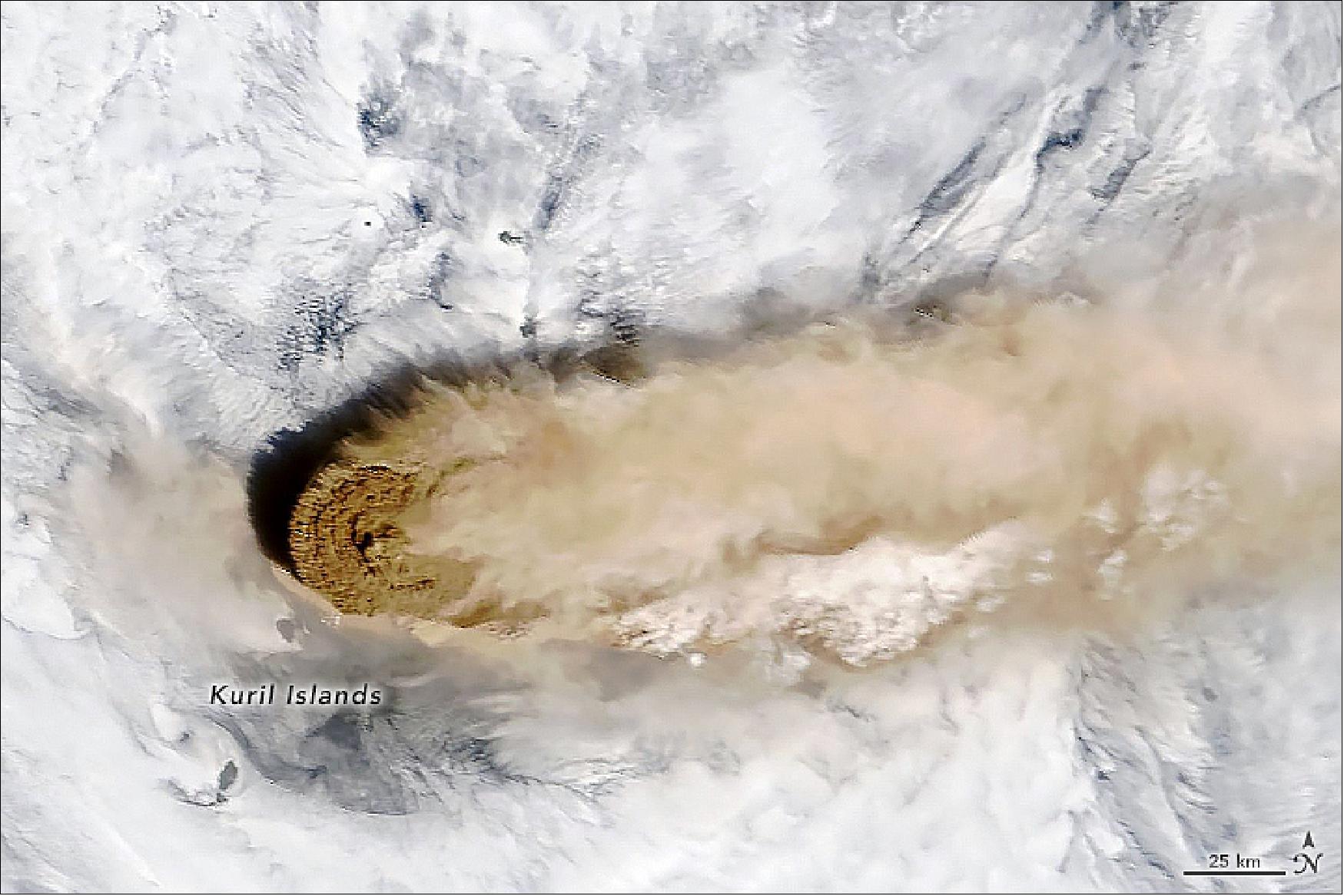 Figure 29: The MODIS instrument on NASA’s Terra satellite acquired this image on the morning of 22 June. At the time, the most concentrated ash was on the western edge of the plume, above Raikoke. By the next day, just a faint remnant of the ash remained visible to MODIS [image credit: NASA Earth Observatory, image by Joshua Stevens using MODIS data from NASA EOSDIS/LANCE and GIBS/Worldview, Story by Adam Voiland, with information from Erik Klemetti (Denison University), Simon Carn (Michigan Tech), and Andrew Prata (Barcelona Supercomputing Center)]