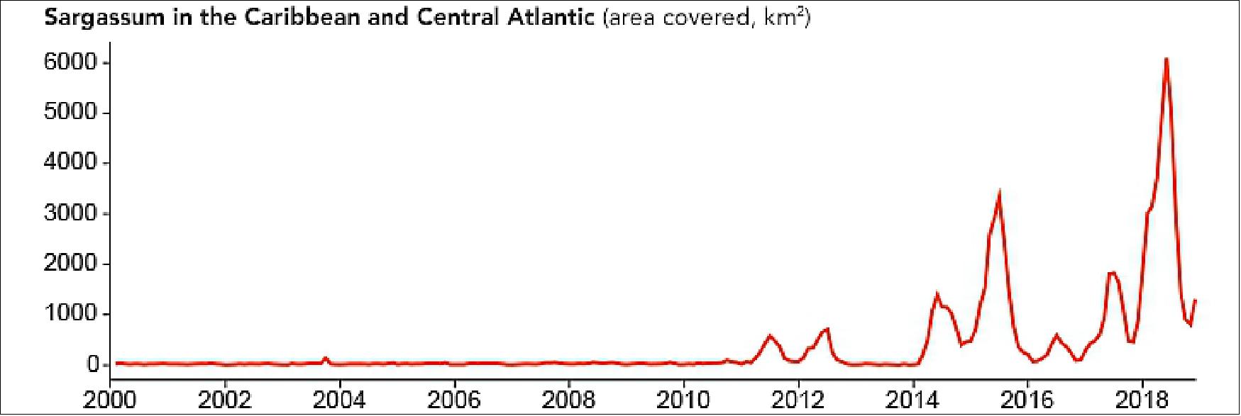 Figure 27: This plot shows the monthly mean area covered by the seaweed, as observed by MODIS from 2000 to 2018 (image credit: NASA Earth Observatory)