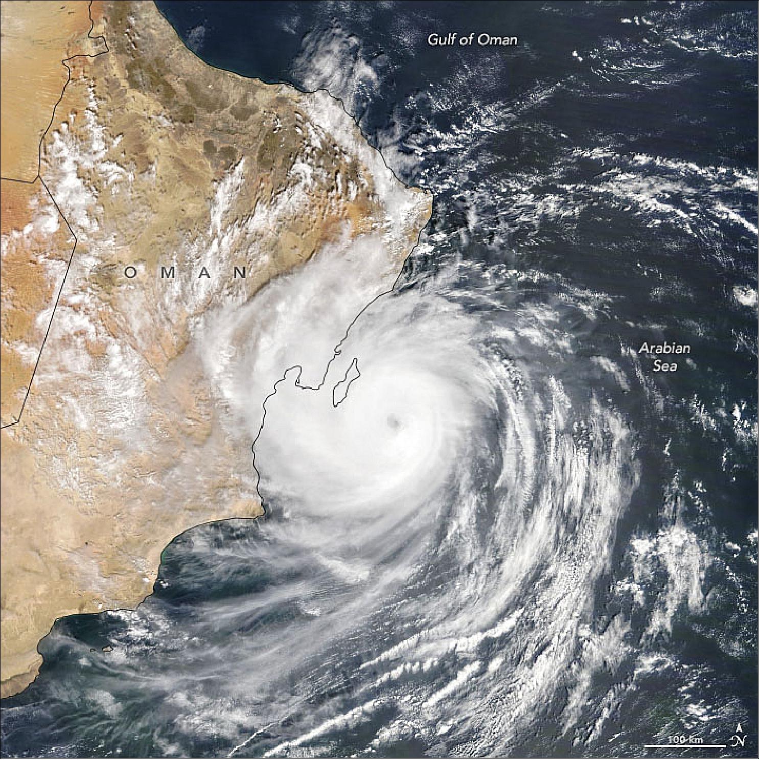 Figure 16: MODIS on NASA’s Terra satellite acquired this image at 10:45 a.m. Gulf Standard Time (06:45 Universal Time) on 24 September 2019 as the storm’s outer bands moved over Oman. Later that day, the India Meteorological Department reported maximum winds between 120-130 km/hr. That’s the equivalent of a category 1 storm on the Saffir-Simpson wind scale (image credit: NASA Earth Observatory image by Joshua Stevens, using MODIS data from NASA EOSDIS/LANCE and GIBS/Worldview. Story by Kathryn Hansen)