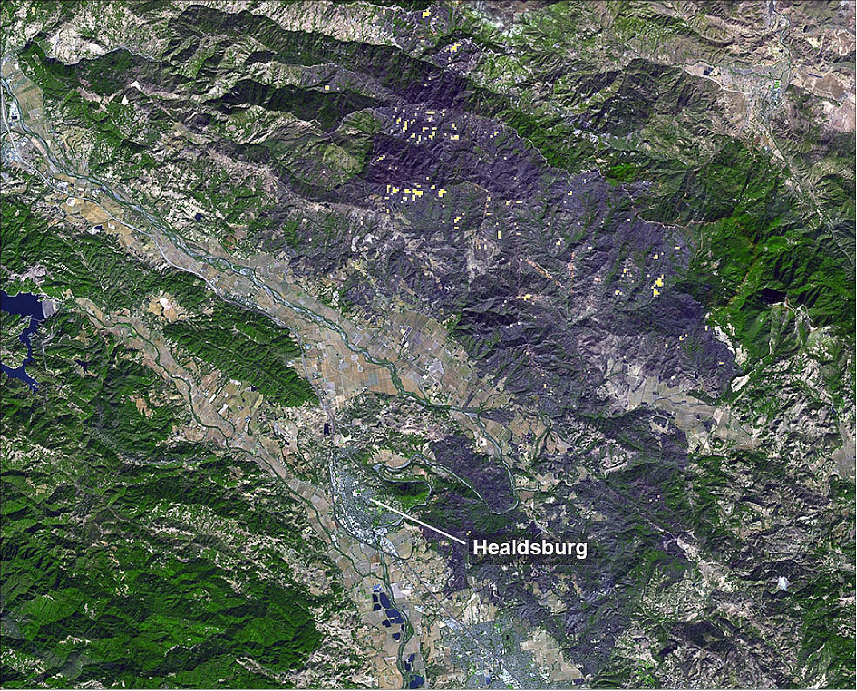 Figure 11: A large burn scar can be seen from space where the Kincade Fire has burned through Sonoma County, California. The image was taken on 3 November 2019, by the ASTER instrument aboard NASA's Terra satellite (image credit: NASA/JPL-Caltech)