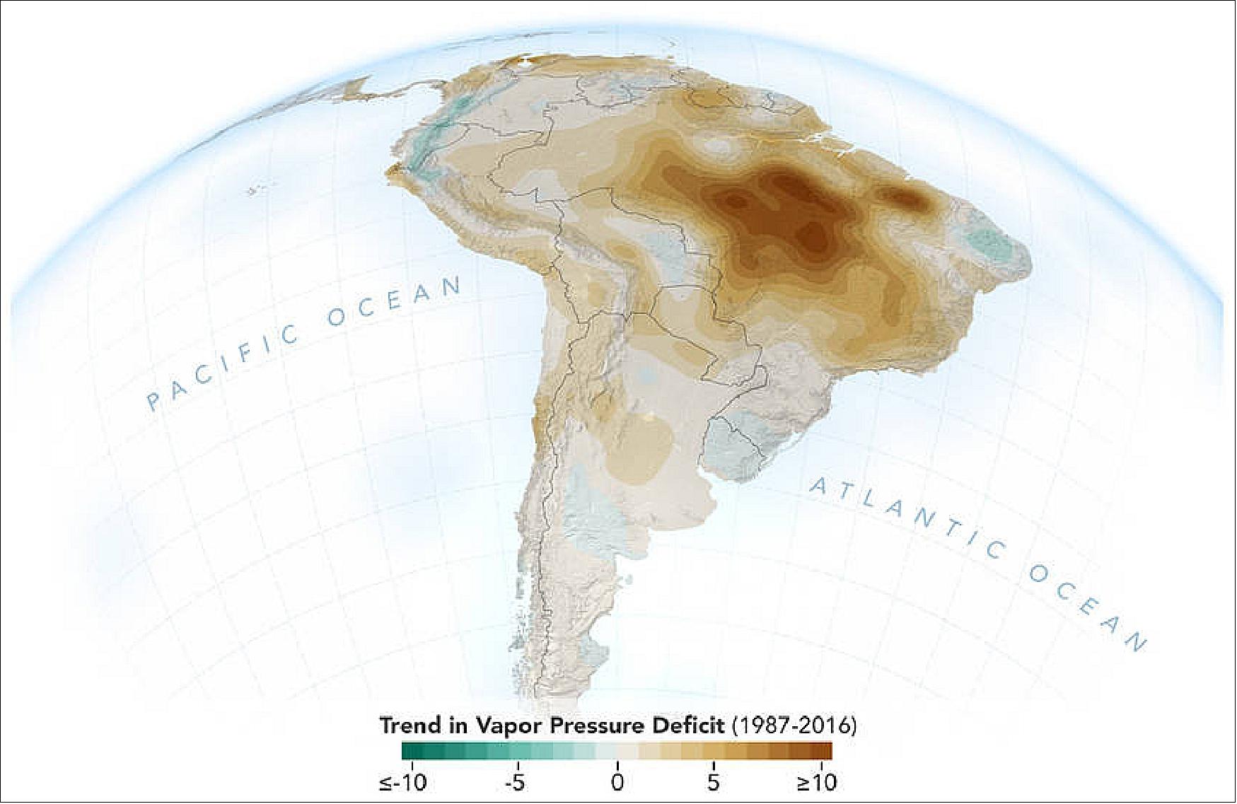 Figure 10: The image shows the decline of moisture in the air over the Amazon rainforest, particularly across the south and southeastern Amazon, during the dry season months — August through October — from 1987 to 2016. The measurements are shown in millibars (image credit: NASA/JPL-Caltech, NASA Earth Observatory)