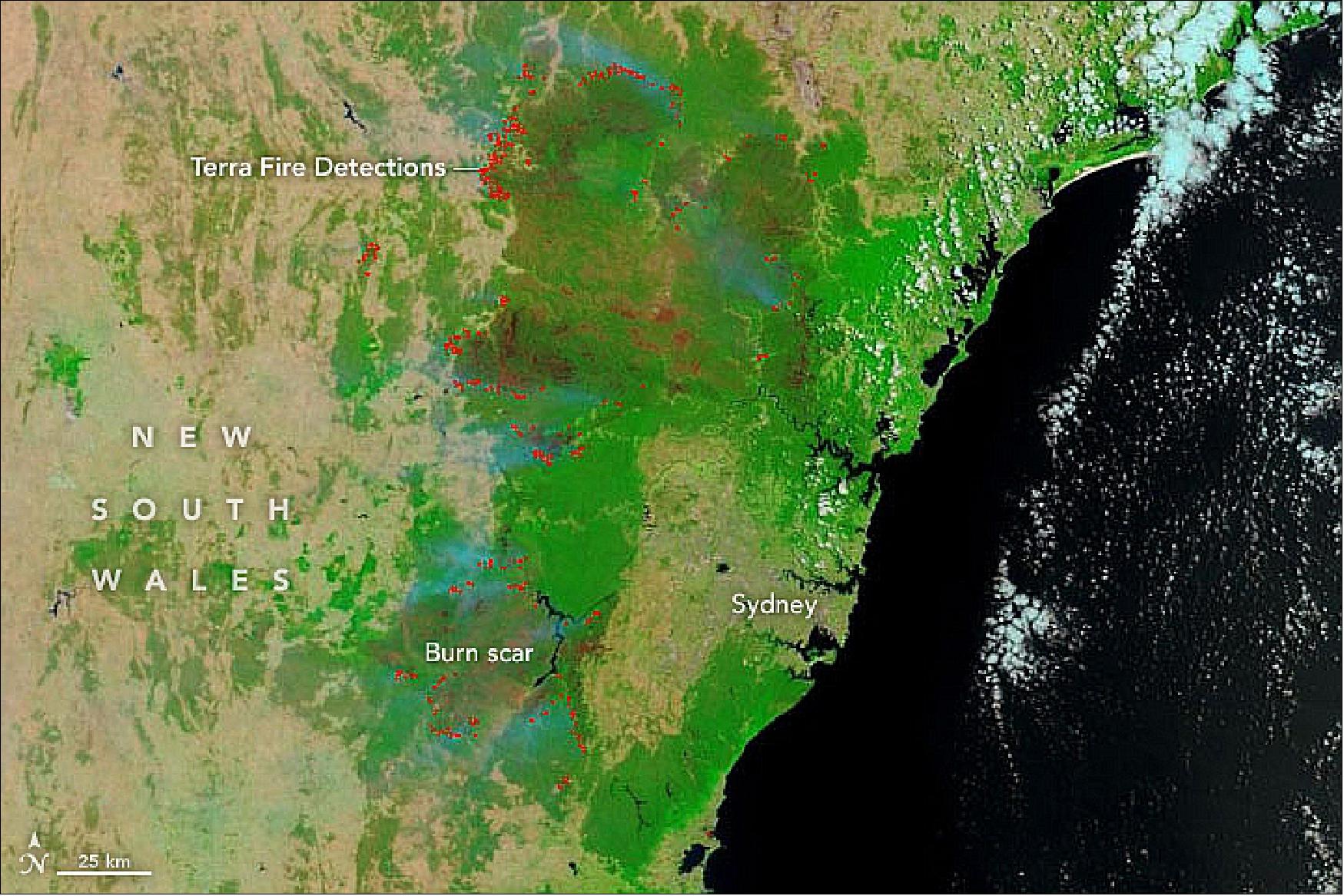 Figure 2: This image was acquired on 17 December 2019 with MODIS (Moderate Resolution Imaging Spectroradiometer) on Terra. The false-color image combines visible and infrared light (bands 7-2-1) to distinguish fire burn scars (orange to brown) from healthy vegetation (green) in New South Wales, Australia. Red pixels represent areas where Terra detected heat signatures indicative of active fire (image credit: NASA Earth Observatory, image by Joshua Stevens and Lauren Dauphin using MODIS data from NASA EOSDIS/LANCE and GIBS/Worldview. Story by Michael Carlowicz)