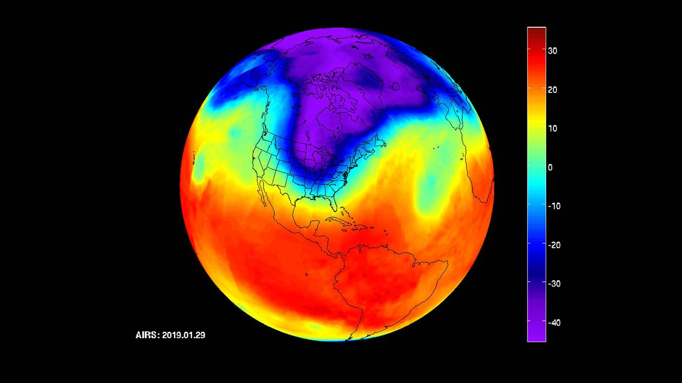 Figure 58: Animated AIRS image of the polar vortex moving from Central Canada into the U.S. Midwest from January 20 through January 29. The illustration shows temperatures at an altitude of about 300-500 m above the ground. The lowest temperatures are shown in purple and blue and range from -40 degrees Fahrenheit (also -40 degrees Celsius) to -10ºF (-23ºC). As the data series progresses, you can see how the coldest purple areas of the air mass scoop down into the U.S. (image credit: NASA/JPL-Caltech AIRS Project) 36)