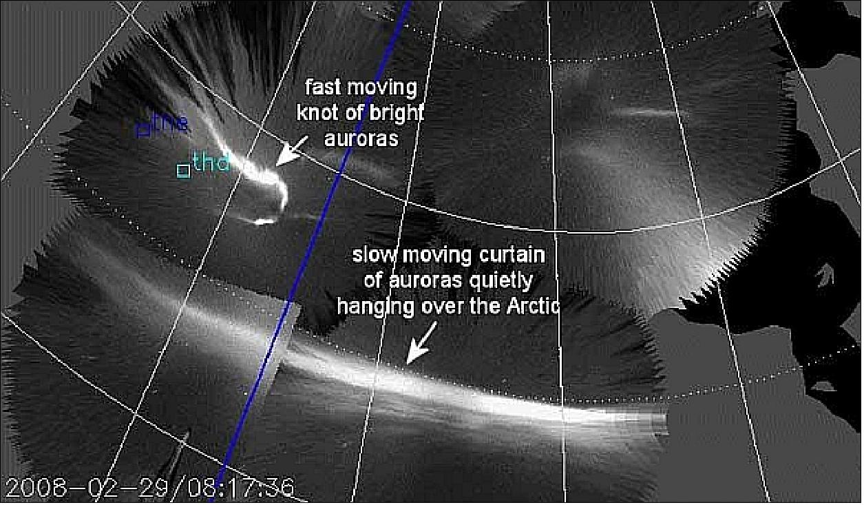 Figure 47: A fast-moving knot of auroras is poised to collide with a slower moving curtain hanging over the Arctic. The ASIs photographed the collision on Feb. 29, 2008 (image credit: Toshi Nishimura/UCLA)