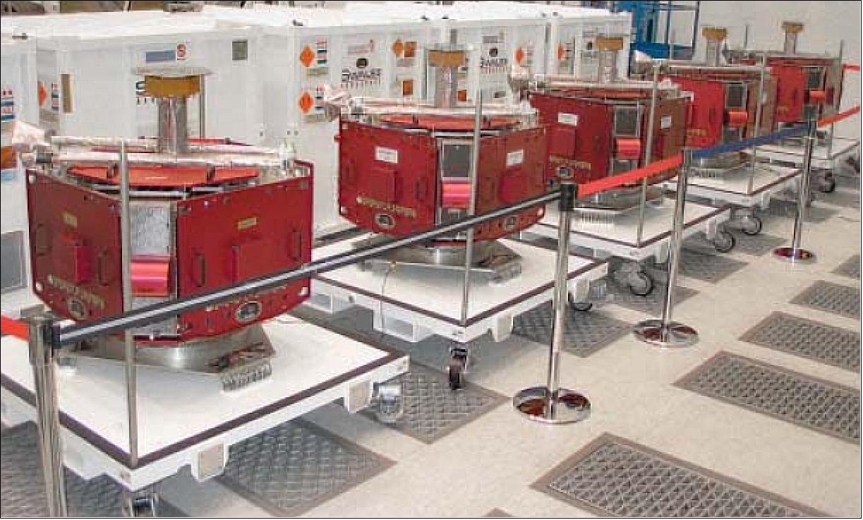 Figure 11: Photo of the THEMIS spacecraft lined up in the SSL clean room prior to launch in 2007 (image credit: UCB/SSL) 10)
