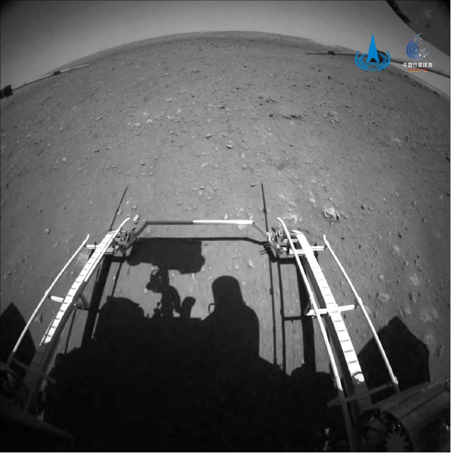 Figure 19: A forward hazard avoidance camera view during Zhurong rover deployment onto Mars (image credit: CNSA/PEC)