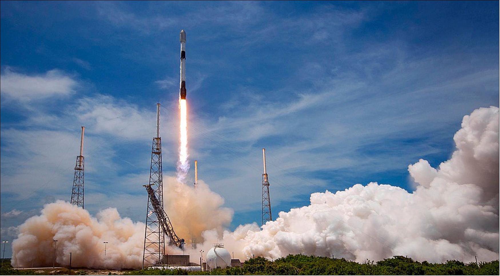Figure 1: A SpaceX Falcon 9 lifts off May 25 on the Transporter-5 rideshare mission carrying 59 payloads (image credit: SpaceX)