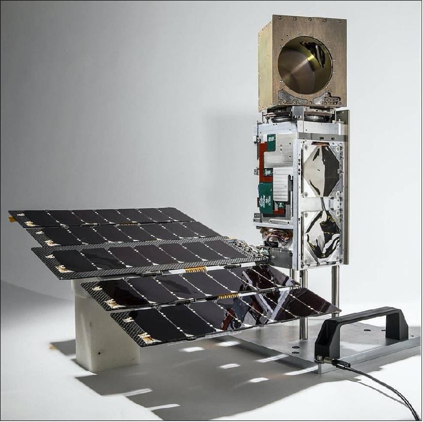 Figure 14: The TROPICS Pathfinder satellite, pictured above, was launched on 30 June 2021 on the Transporter-2 mission of SpaceX from Cape Canaveral, Florida. The satellite body measures approximately 10 cm x 10 cm x 36 cm and is identical to the six additional satellites that will be launched in the constellation in 2022. The golden cube at the top is the microwave radiometer, which measures the precipitation, temperature, and humidity inside tropical storms (image credits: Blue Canyon Technologies)