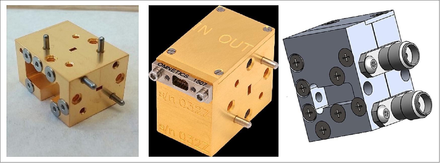 Figure 15: The TROPICS W/F-band receiver assembly in development by UMass-Amherst. Shown from L–R are the coupled noise diode module, the RF preamplifier module, and the SiGe mixer/tripler/amplifier module (image credit: UMass, MIT/LL)