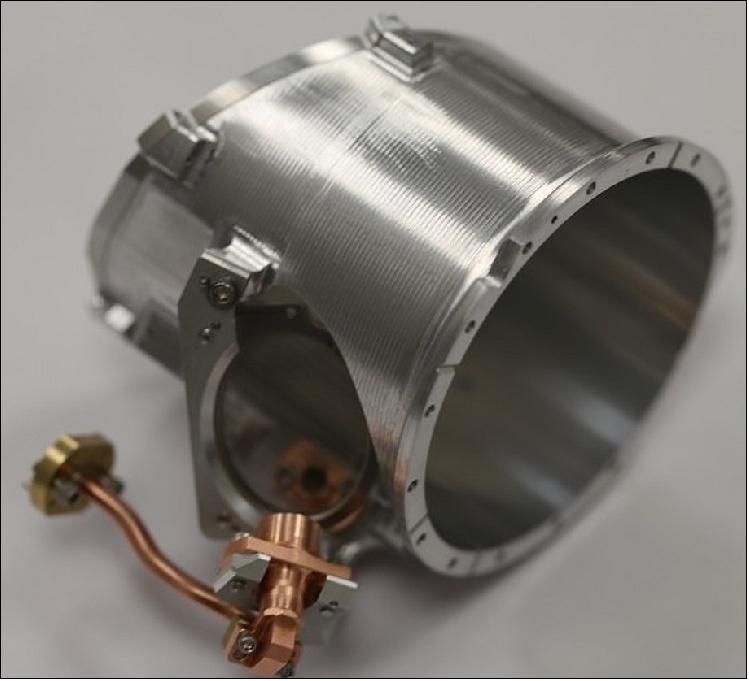 Figure 12: Fabricated engineering model of the TROPICS antenna assembly. The 90-120 GHz feedhorn is visible in the front of the photo, and the 180-205 GHz feedhorn can be seen through the wire grid (image credit: Thomas Keating, LTD)
