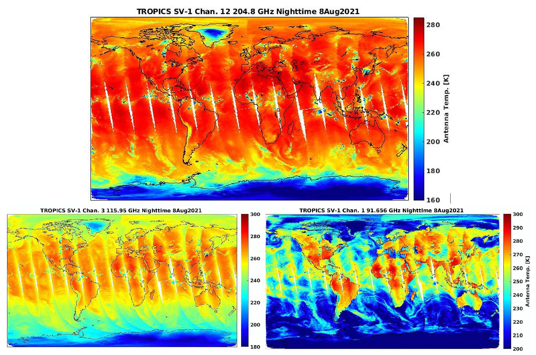 Figure 6: The TROPICS Pathfinder satellite captured its first global data on August 8, 2021, including a channel around 205 GHz (top). It's the first time a frequency higher than 190 GHz has been used on a spaceborne microwave cross-track sounder instrument, which collects temperature and water vapor data using microwave radiance observations (image credits: NASA / TROPICS Pathfinder satellite)