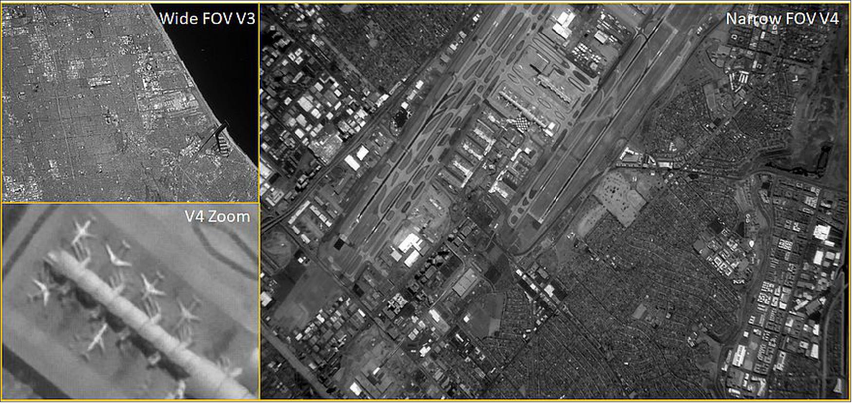 Figure 5: Tyvak-0130's GEOStare2 payload includes narrow and a wide field-of-view imagers. This images shows narrow and wide field-of-view images of Los Angeles International Airport as well as an image that zooms in on aircraft on the tarmac (image credit: Tyvak)