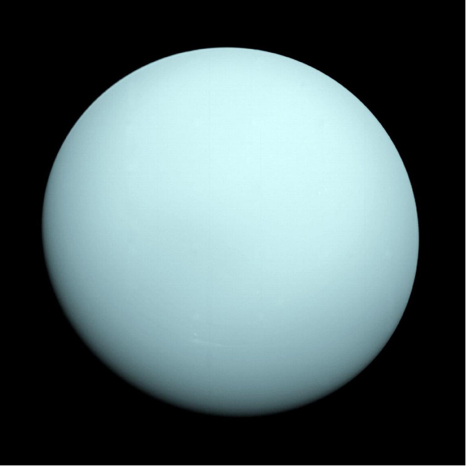 Figure 7: Voyager 2 took this image as it approached the planet Uranus on 14 January 1986. The planet's hazy bluish color is due to the methane in its atmosphere, which absorbs red wavelengths of light (image credit: NASA/JPL-Caltech)