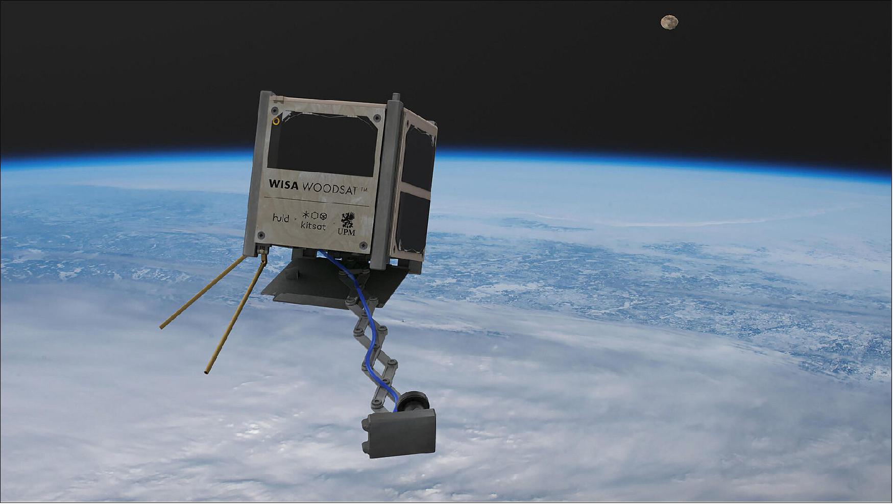 Figure 7: Woodsat in orbit. The world’s first wooden satellite is on the way, in the shape of the Finnish WISA Woodsat. The Wooden satellite with a selfie stick will surely bring goodwill and raise smiles, but essentially this is a serious science and technology endeavor. In addition to testing plywood, the satellite will demonstrate accessible radio amateur satellite communication, host several secondary technology experiments, validate theKitsat platform in orbit, and popularize space technology to the public. ESA materials experts are contributing a suite of experimental sensors to the mission as well as helping with pre-flight testing (image credit: Arctic Astronautics)