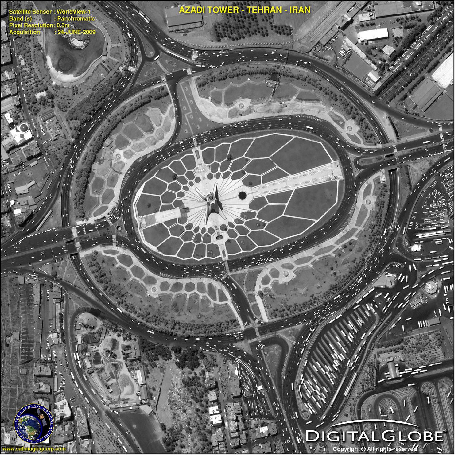 Figure 7: WorldView-1 panchromatic image of the Azadi Tower in Teheran, Iran, acquired on June 24, 2009 (image credit, DigitalGlobe, Satellite Imaging Corp.) 17)
