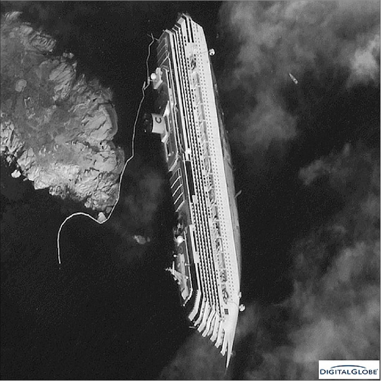 Figure 6: Closeup image of WorldView-1 WV60 camera of the capsized cruise ship Costa Concordia on January 17, 2012 (image credit: Digital Globe) 15)